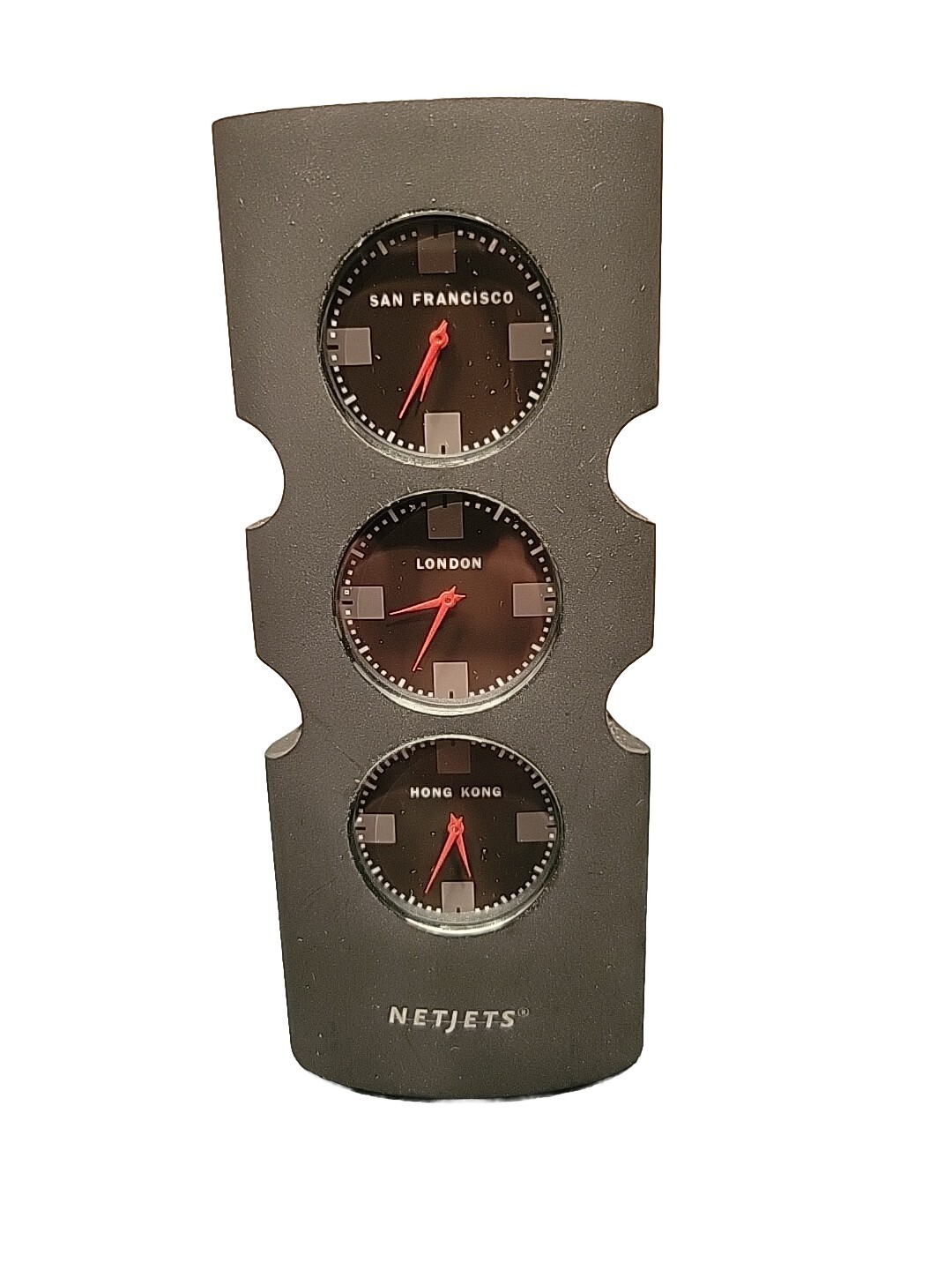 NetJets Desk Clock, 3 Dial Faces showing 3 time zones, Black dial faces - RARE!
