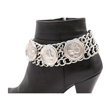 Women Silver Metal Boot Chain Bracelet Coin Medallion Shoe Anklet Charms Add On
