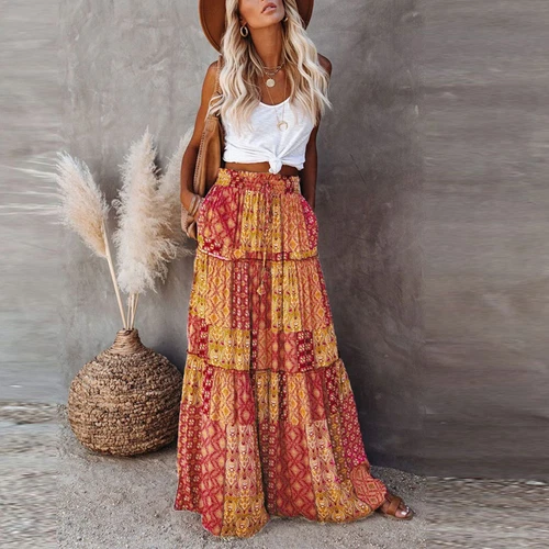Bohemian Rock Patchwork Langrock Boho Ethno Print Maxi Retro A-Linie Plissee - Bild 34 von 40