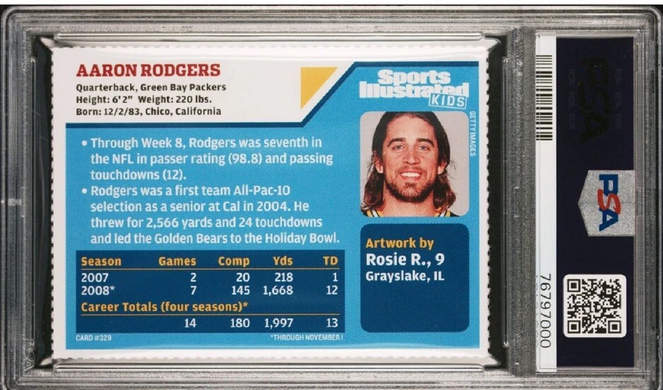 Aaron Rodgers RARE GB Packers POP 1/1 Sports Illustrated for Kids SI PSA 8 - Image 2 of 4
