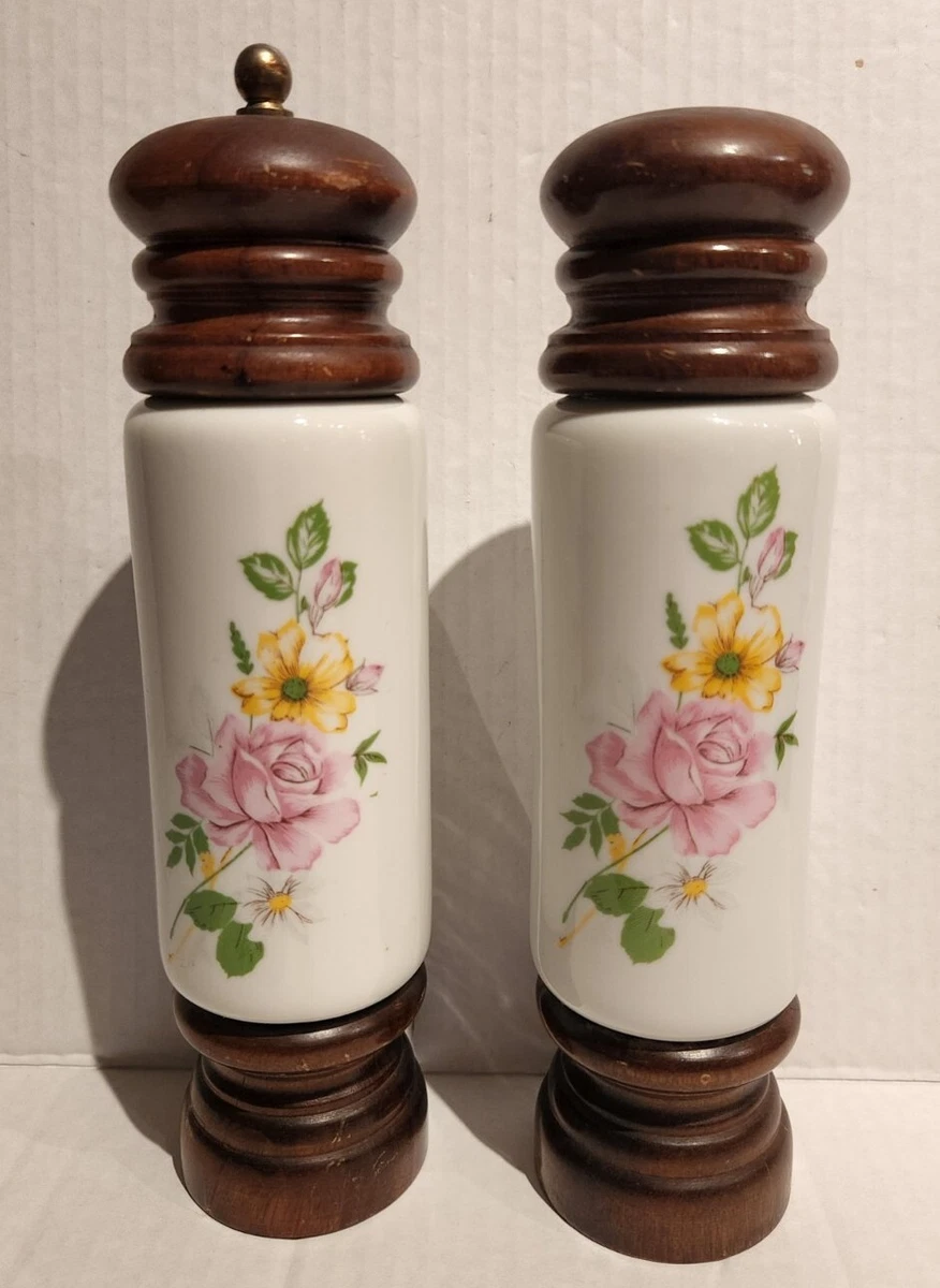 Vintage Wood & Ceramic Floral Accent Pepper Mill Grinder and Salt Shaker  Set 9