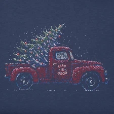 Large NWT Women's Life is Good Christmas Tree Truck Blue LS Crusher Tee