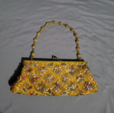Vintage Beaded Wide Clutch Purse Handbag Kiss Lock  Bead Strap  Inner Pocket