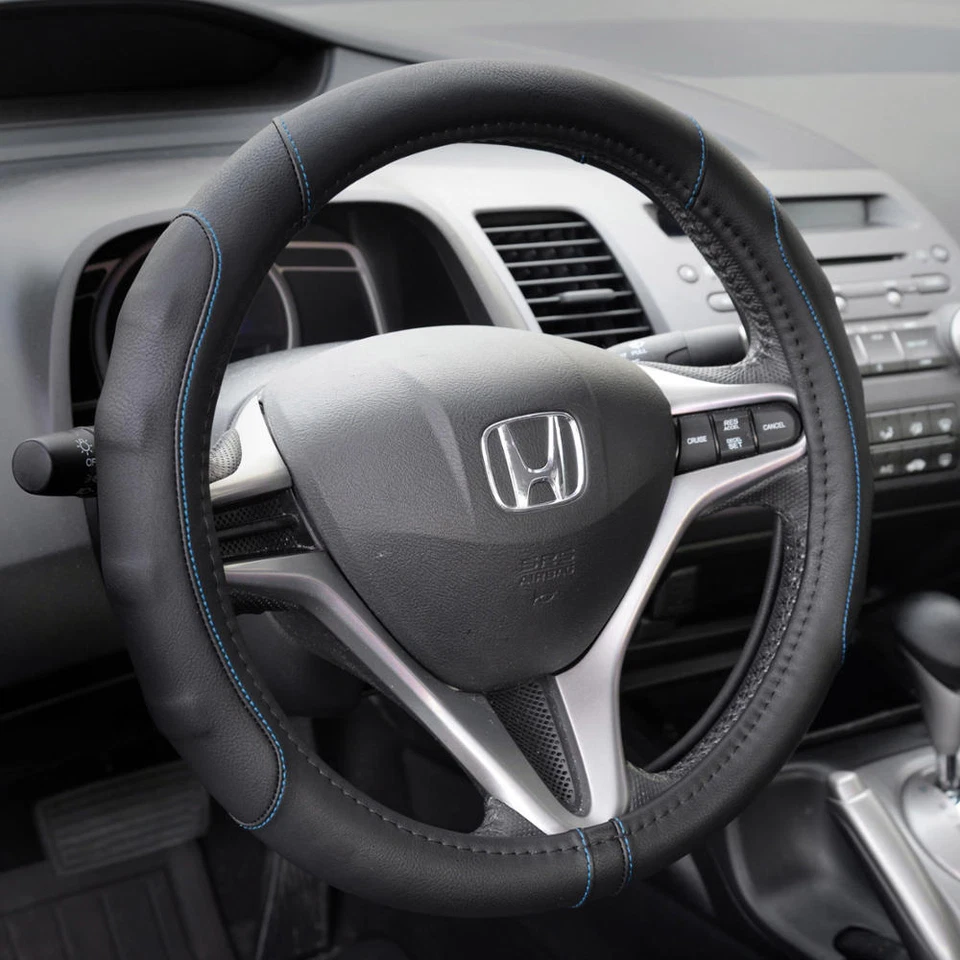 Fundas de asiento azules para coche con cubierta de volante de cuero sintético cosido Foto 2 de 4