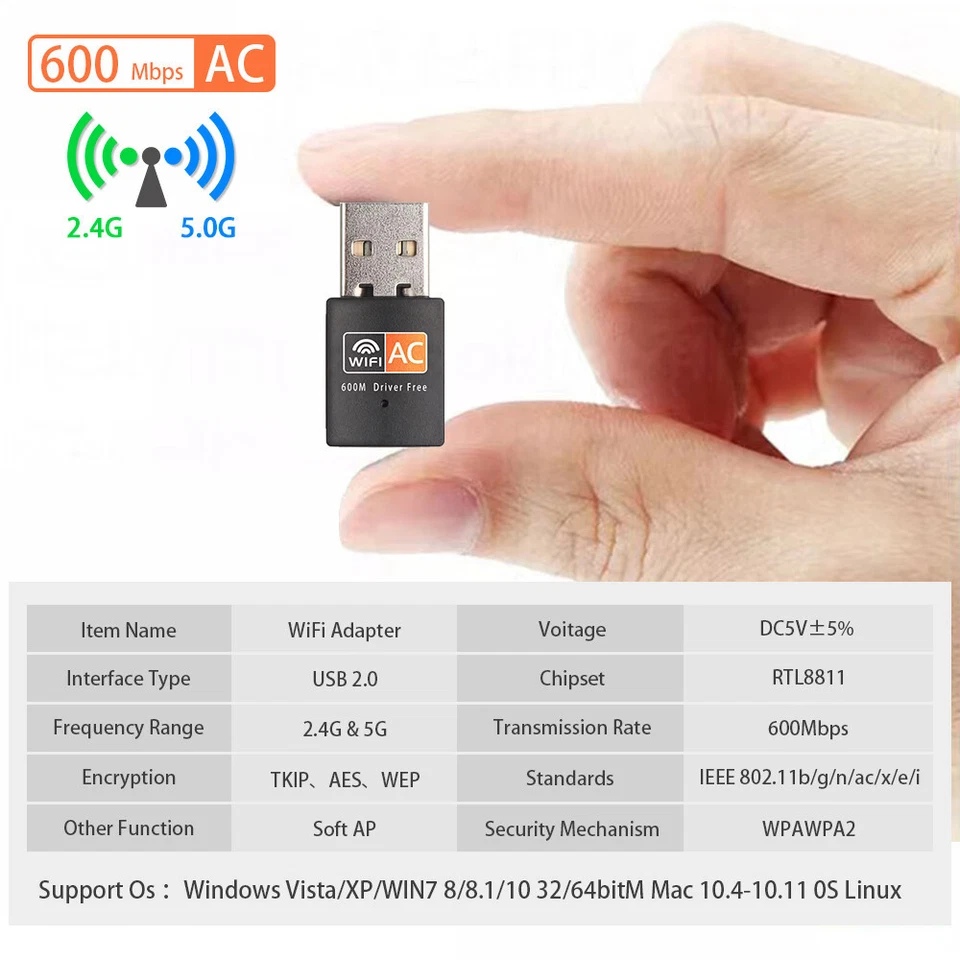 Dbit 600Mbps 2.4+5GHz Dual Band USB Adapter WiFi Wireless Network Card 802.11ac - Image 4 of 4