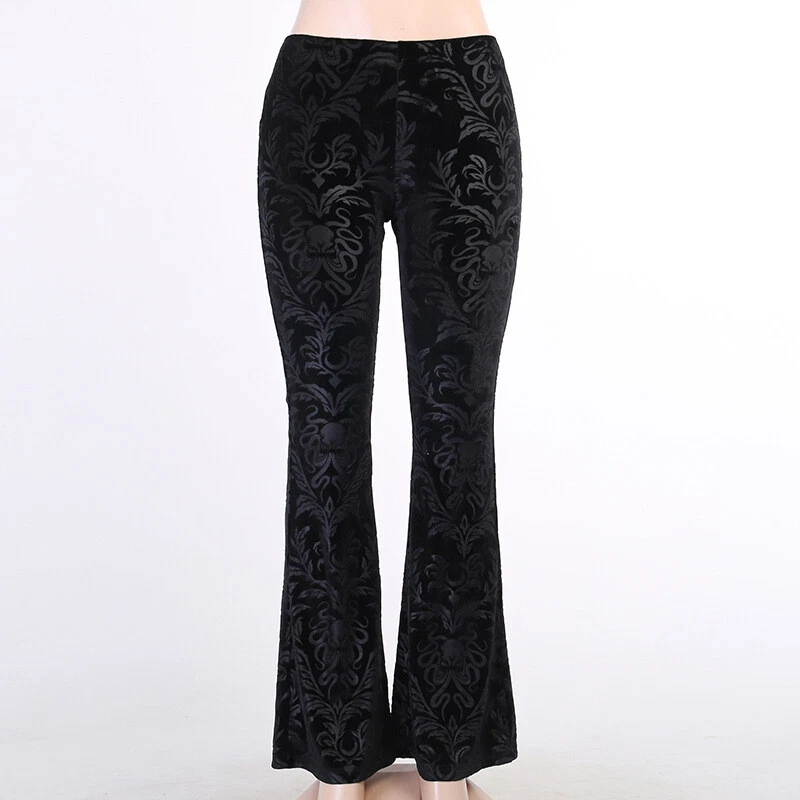 Women Casual Floral Velvet Bell Bottoms Flare Pants Trousers Black