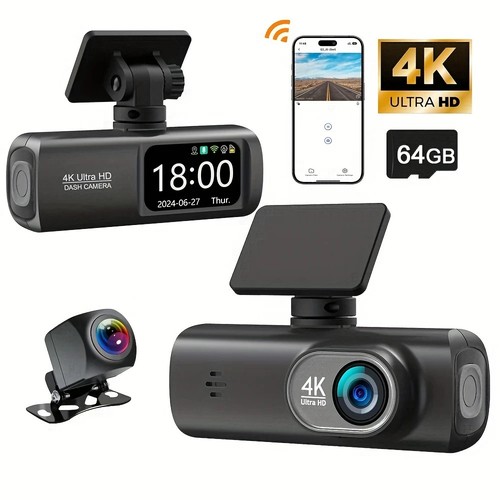 4K Ultra HD Dash Cam Front & Rear View, 64GB Card, Built-in WiFi, Phone App