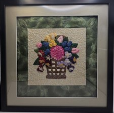 Framed Textile Quilt Art Hand Stitched Basket of Flowers 17.5x17.5"
