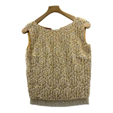 Mohans Ltd Womens Blouse Beige Floral Sleeveless Lined Beaded Fringe 36 Vintage