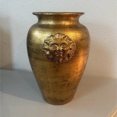 Brass Vase Gold Tone with Sun Face Medallion & Lion Head Detail