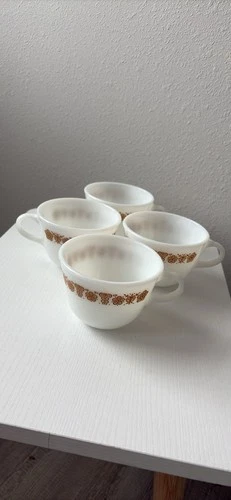 Pyrex Vintage Butterfly Gold Coffee Cup Milk Glass Set Of 4