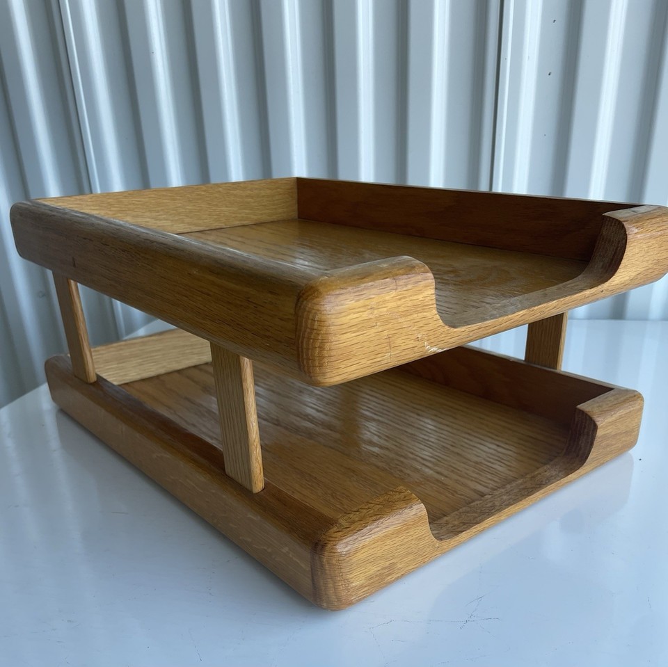 Solid oak in/out letter tray with that no-nonsense MCM office gravitas — looks like it belonged on a Mad Men set director's desk.