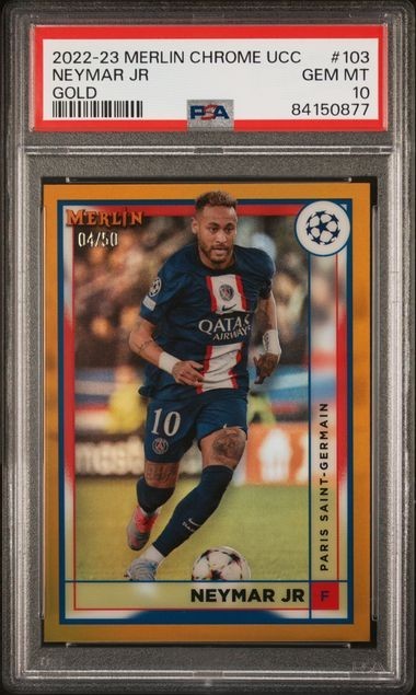 2022-23 TOPPS MERLIN CHROME UCC NEYMAR JR GOLD REFRACTOR /50 PSA 10 PSG POP 2!