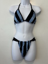 Vintage 2 Piece Bikini By Crayons Mixed Sizes 11 13 Black And Blue Striped Swim