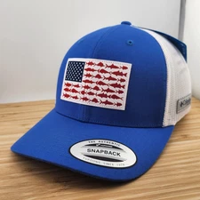 Columbia PFG Trucker Hat, Blue w/Fish Flag, Performance Fishing Gear, Snapback