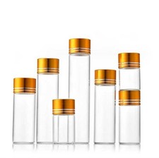 Luxury Empty 5ml-200ml Transparent Glass Storage Bottle w/ Aluminum Gold Caps B