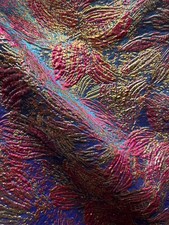 TURQUOISE BLUE PINK Floral Metallic Brocade Fabric 60 in. Sold By The Yard