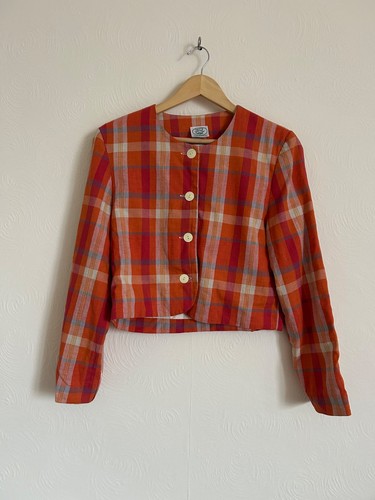 Laura Ashley, Vintage Laura Ashley Jacket Short Size 10 Linen Cotton Check Made in GB Lined VG