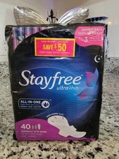 Stayfree Ultra Thin Overnight Pads with Wings, Overnight Absorption - 40 pads