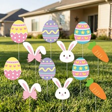 12 Pcs Easter Yard Signs Outdoor Decorations Waterproof Plastic Egg Bunny Car...