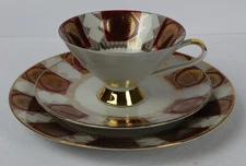Vintage Bavarian China Trio Tea Cup Saucer and Plate Maroon & Gold