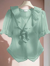 Elegant V-Neck Short-Sleeve Blouse with Ruffled Collar Sheer Women Fashion New