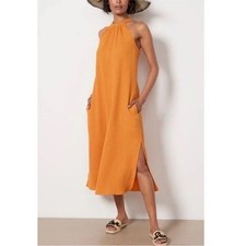 Evereve Asher Woven Gauze Sleeveless Shift Midi Dress Pockets Orange Small