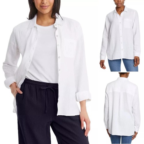 Camisa Jessica Simpson 100% Algodón Crepé Clásica Blanca Abotonada M Bolsillo en el Pecho - Imagen 12 de 15