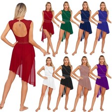 Women's Girls Rhinestone Lyrical Dance Dress Sheer Mesh Leotard Modern Costume