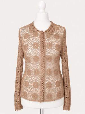 Charlotte Halton Crochet Blouse M-L Beige Open Knit Lace Boho Vintage Style NEW