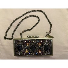 Mary Frances Beaded Crystal Embellished Box Clutch Evening Bag Purple Brass