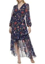 EJ20593 Eliza J Floral High-Low Clip-Dot Dress Gown SZ 6 ($198) NavyMulti
