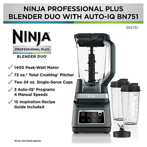 Ninja BN751 Duo Plus Blender with Auto IQ Technology, 1400 Peak Watts, Black New - Picture 6 of 11