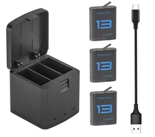 3 Pack Battery with 3-Channel Charger For Gopro Hero 13 Black Camera