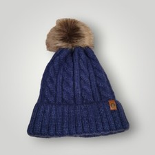 FRYE Co. Cable Knit Beanie Faux Fur Pom Blue - ONE SIZE