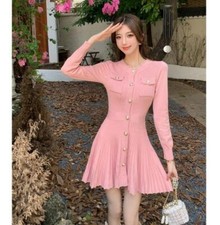 Women's Fashion Round Neck Long Sleeves Pleated Knitted Short Flared Dress 