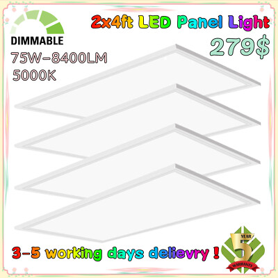 2x4 FT LED Flat Panel Light 75W 5000K 8400 Lumens, Dimmable, ETL Listed (4-Pack)