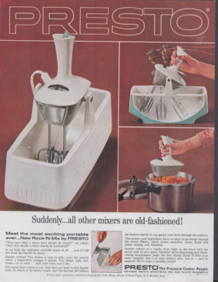 #ad 1964 Print Ad Presto The Pressure Cooker People New Rock N#x27; Mix Mixer Portable $9.95