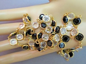 Authentic Bezel Set Austrian Crystal Necklace Black Clear Gold Plated Links 36" Long NICE!