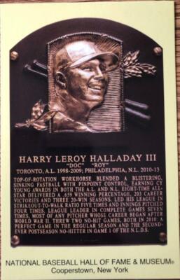 Roy Halladay Stamped and Canceled Hall of Fame Gold Plaque