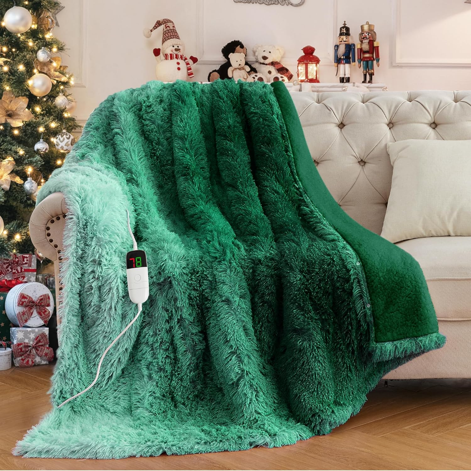 Heated Electric Blanket Faux Fur Twin Size with Fluffy Sherpa Back, Warming Plus