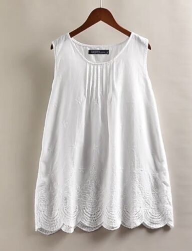 Women Cotton Linen Summer Casual Tops Shirts Embroidered Eyelets Tank Vest Cami