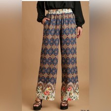 NWT Umgee Boho Wide Leg Waistband Pull On Mixed Media Pockets Pants Hippie