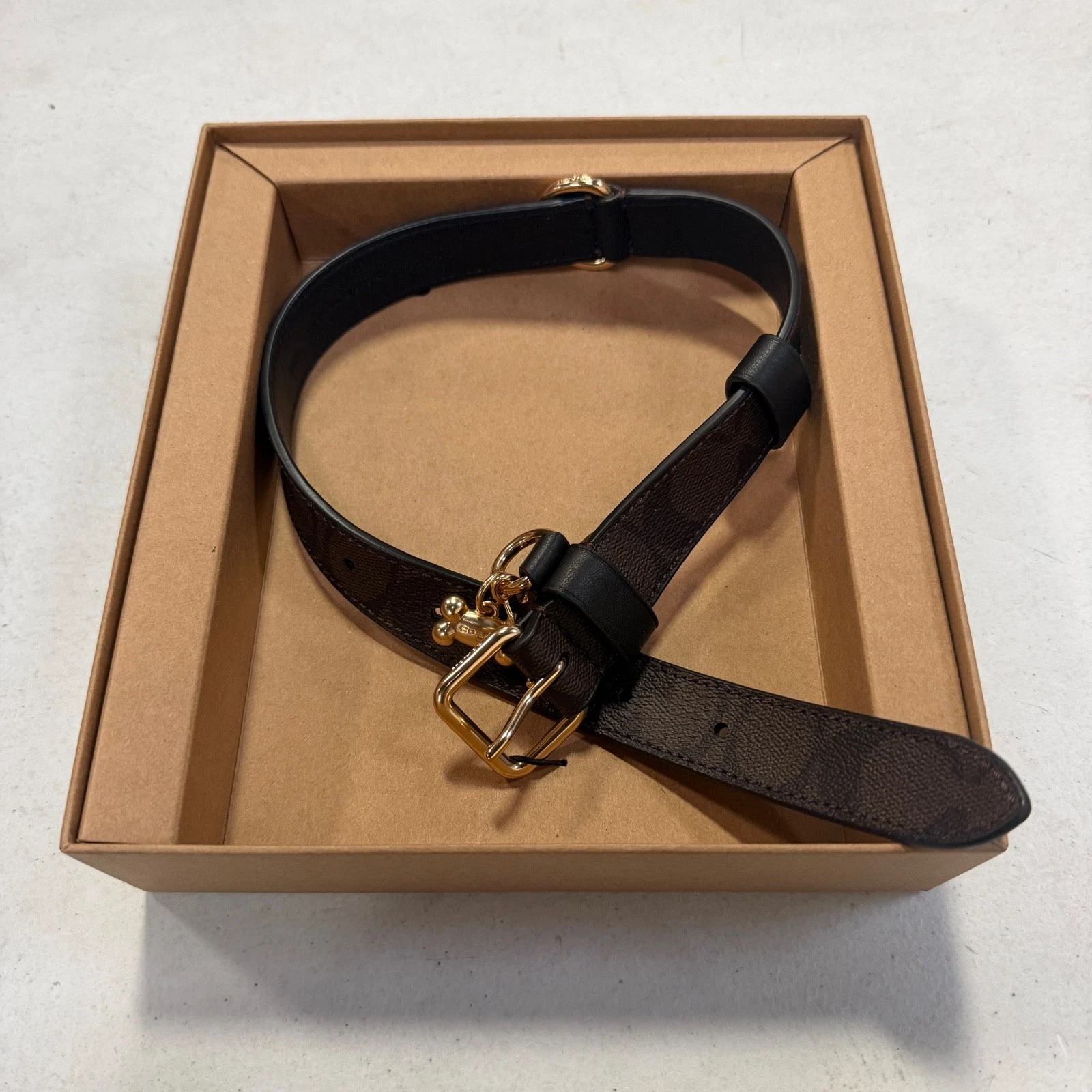 COACH CH154 Dog Pet Collar SZ L Brown Signature Coated Canvas Black Leather