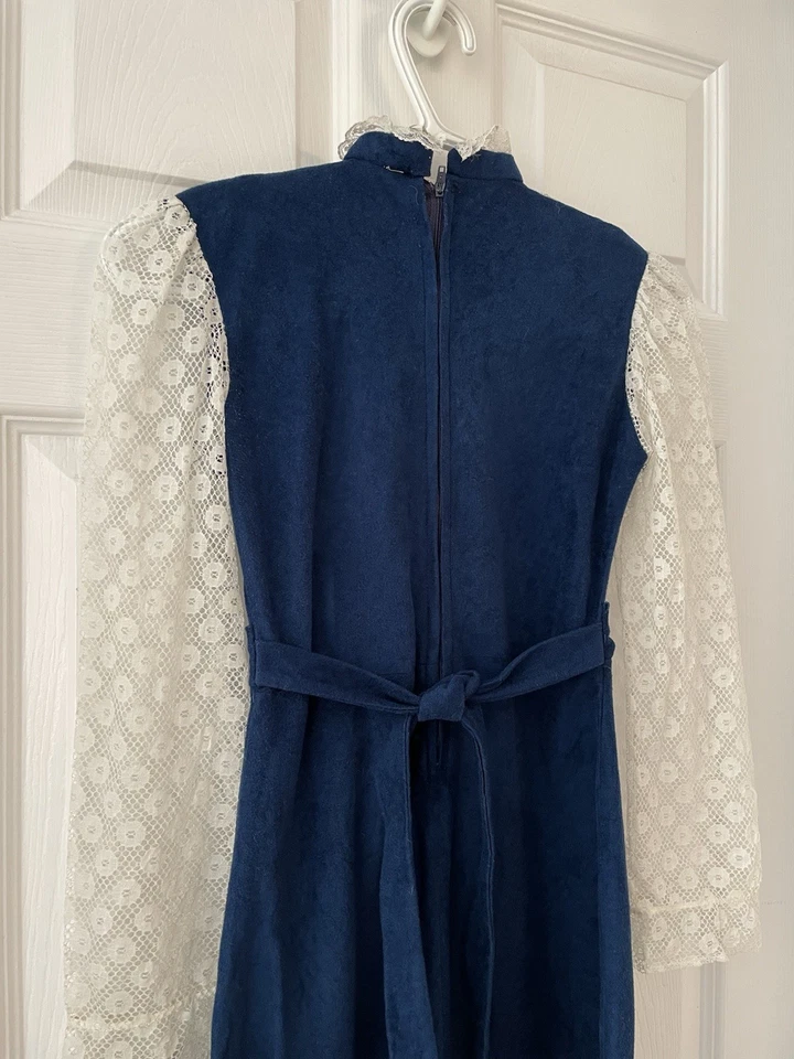 Vestido De Colección Niñas Años 70 Colonial Victoriano Largo Azul Encaje Talla 10 Foto 4 de 4