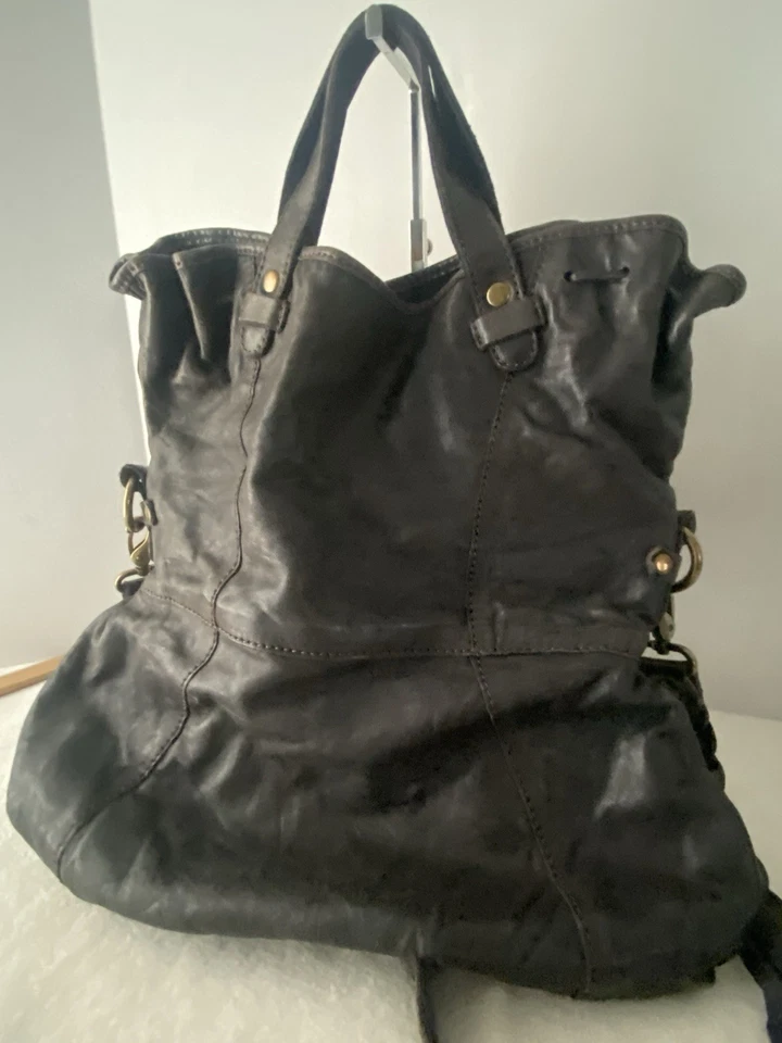 Lucky Brand Lamb Leather Tote Foldover Crossbody Shoulder Bag Deep Blue Black - Image 4 of 4