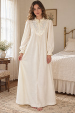 Vintage 70's Komar Womens Long Prairie Nightgown Cream Floral Embroidery Size M