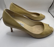 Jimmy Choo Shoes Womens 40 Luna Nude Beige Patent Leather Peep Toe Pumps Italy