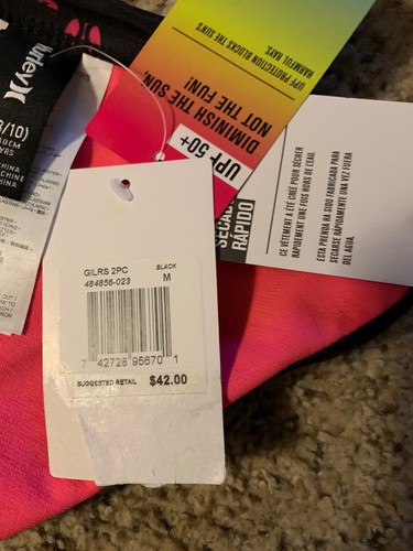 HURLEY 2 piece Swimsuit Bikini SZ M (8-10), 6 or 5-Black W/Pink Hearts NWT - Picture 8 of 12