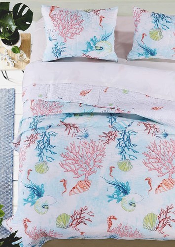 SARASOTA BLUE SEA SHELL 3pc Full Queen QUILT SET : COASTAL BEACH OCEAN SEAHORSE - Picture 2 of 5